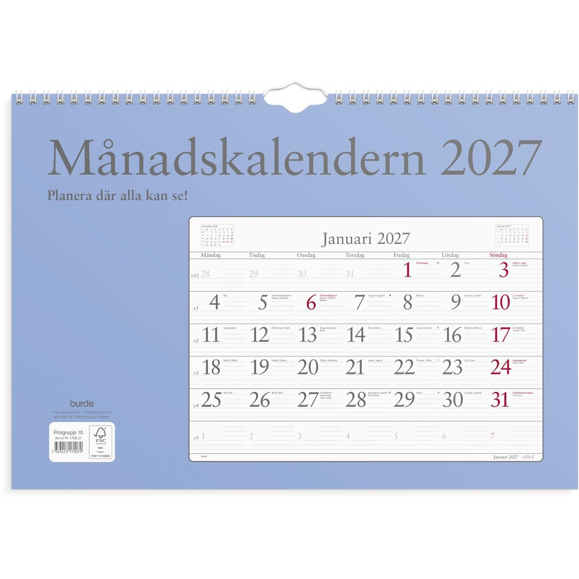 Väggkalender för 2026 med månadskalender för januari, blå bakgrund och spiralbindning