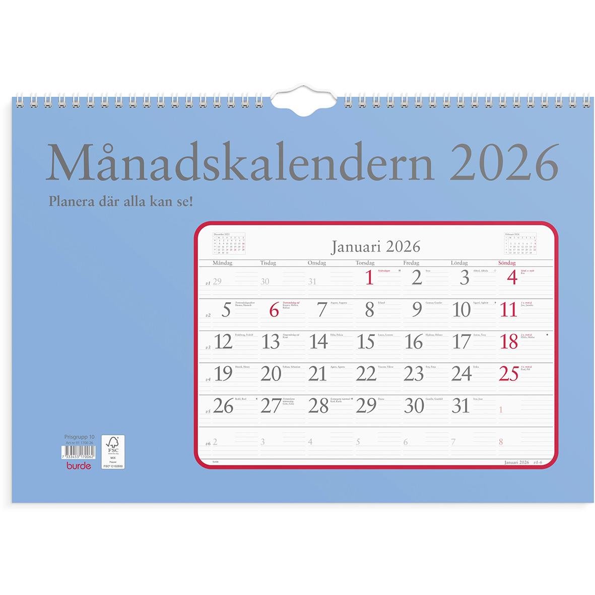 Väggkalender för 2026 med månadskalender för januari, blå bakgrund och spiralbindning