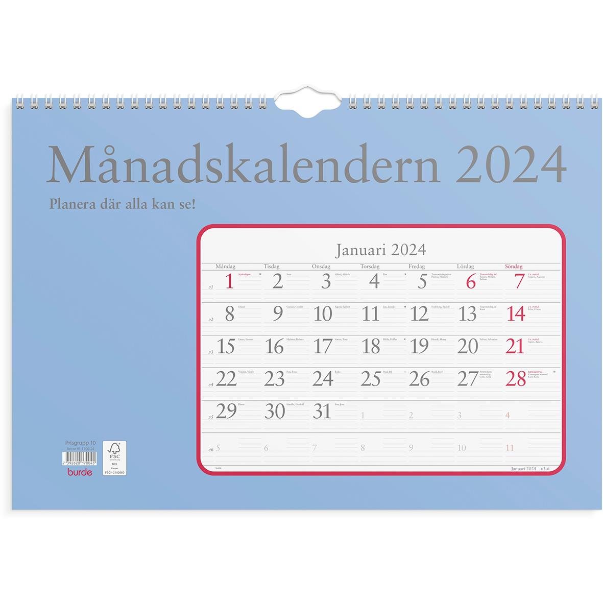 Väggkalender Burde 1700 Månadskalendern 2024
