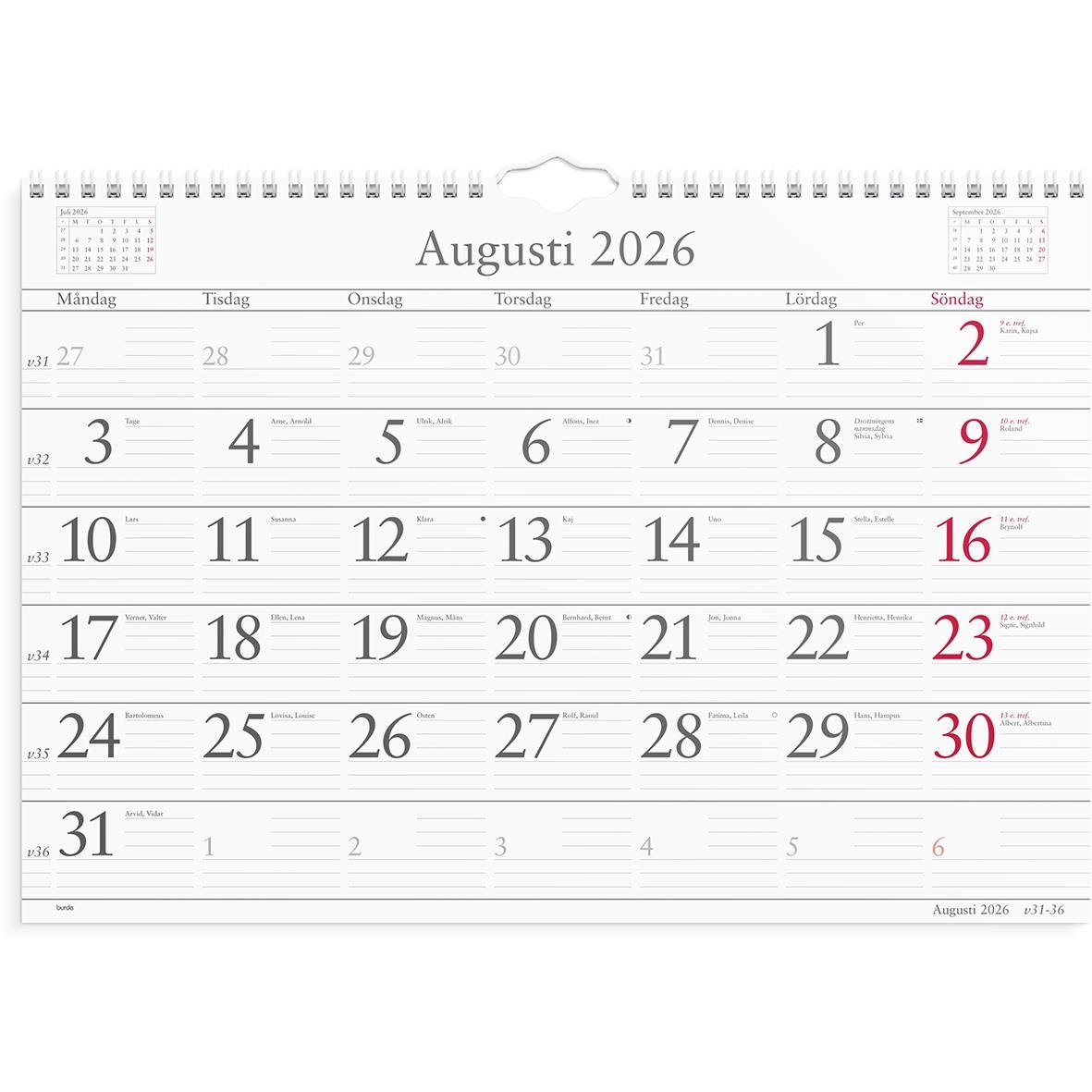 Väggkalender för 2026 med månadsschema för augusti 2026, visar veckodagar och datum
