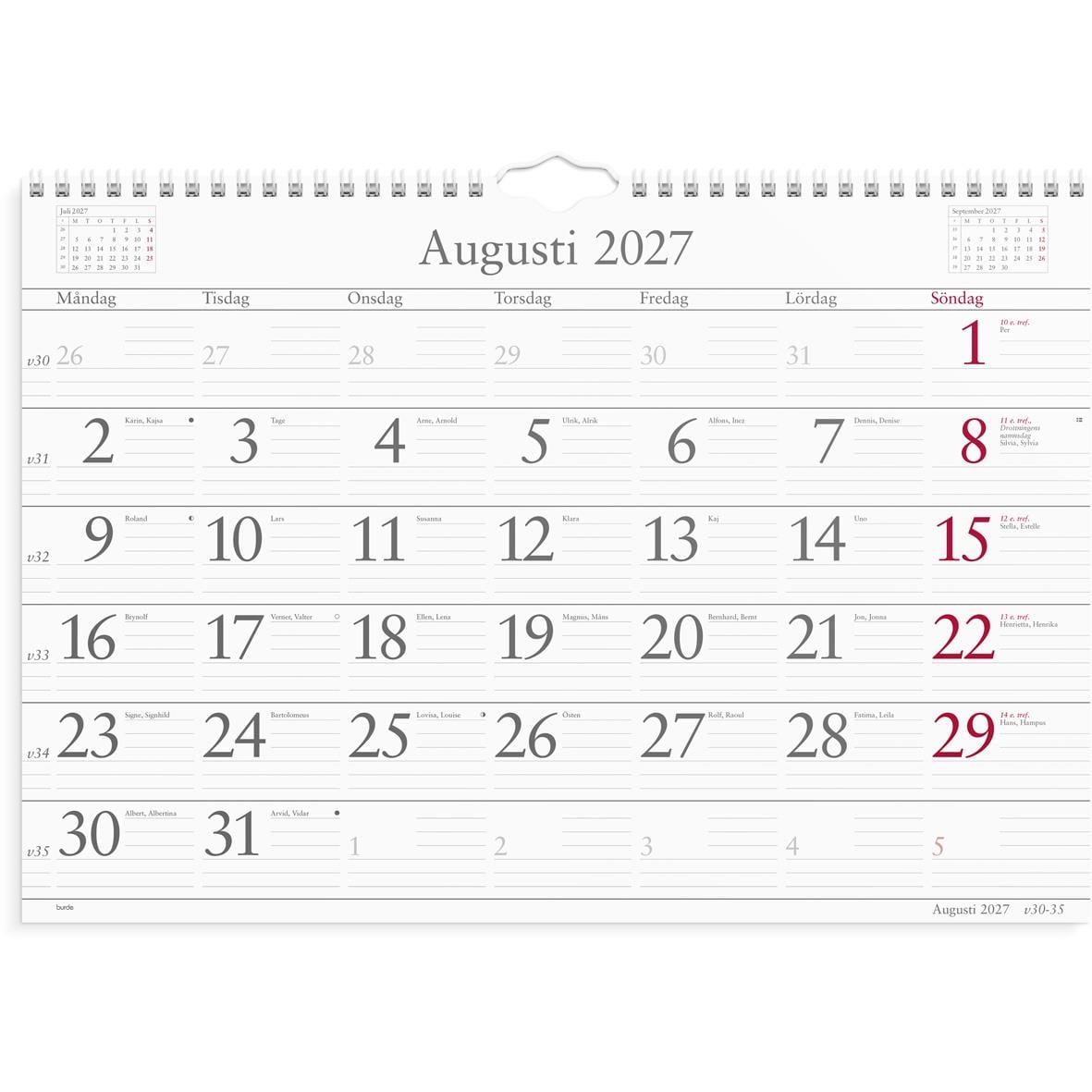 Väggkalender för 2026 med månadsschema för augusti 2026, visar veckodagar och datum