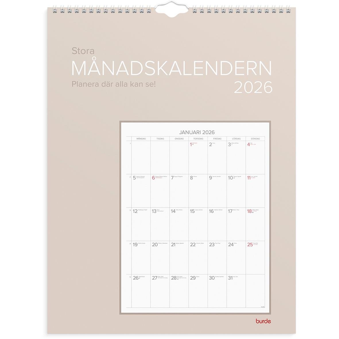 Väggkalender för 2026 med stor månadskalender för januari, designad av Burde, beige bakgrund och spiralbindning
