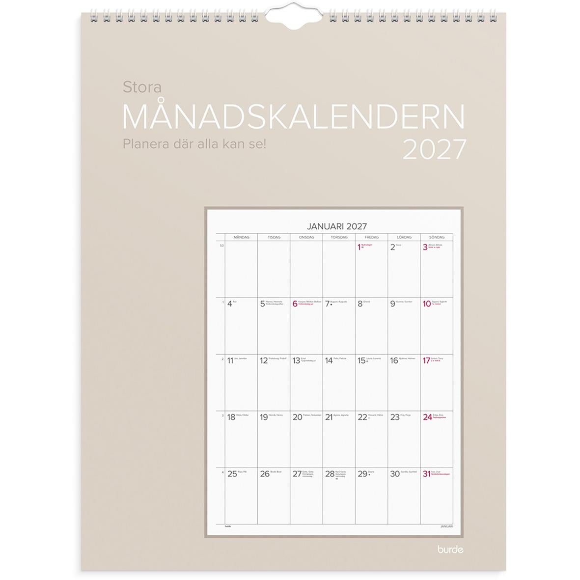 Väggkalender för 2026 med stor månadskalender för januari, designad av Burde, beige bakgrund och spiralbindning