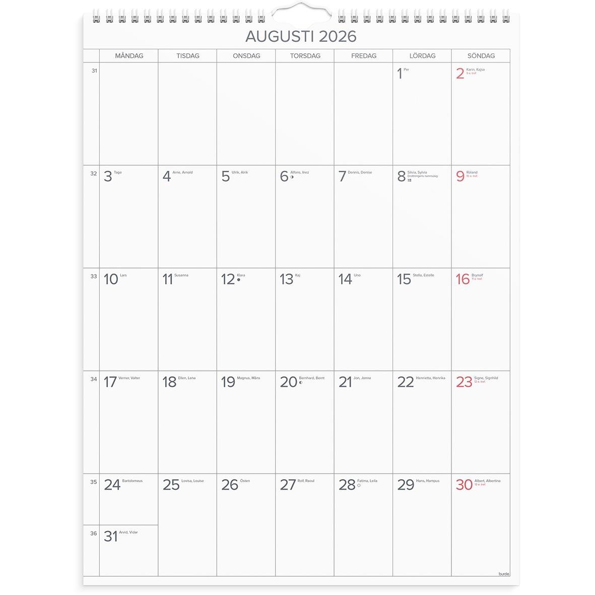 Väggkalender för augusti 2026 med stora månadskalendern, visar datum och veckodagar