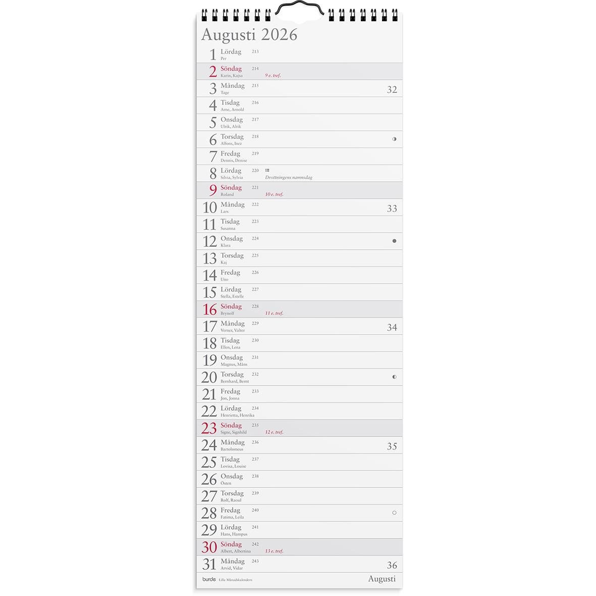 Väggkalender för augusti 2026 med dag- och datumuppdelning samt helgdagar