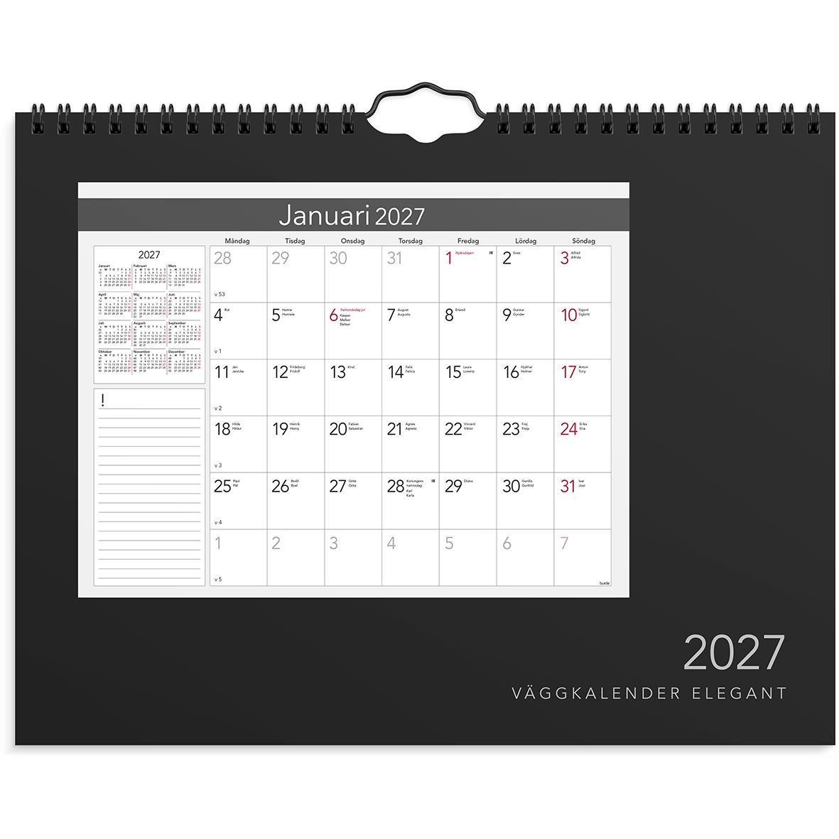 Väggkalender för januari 2026 med miljötema, svart bakgrund och spiralbindning, elegant design