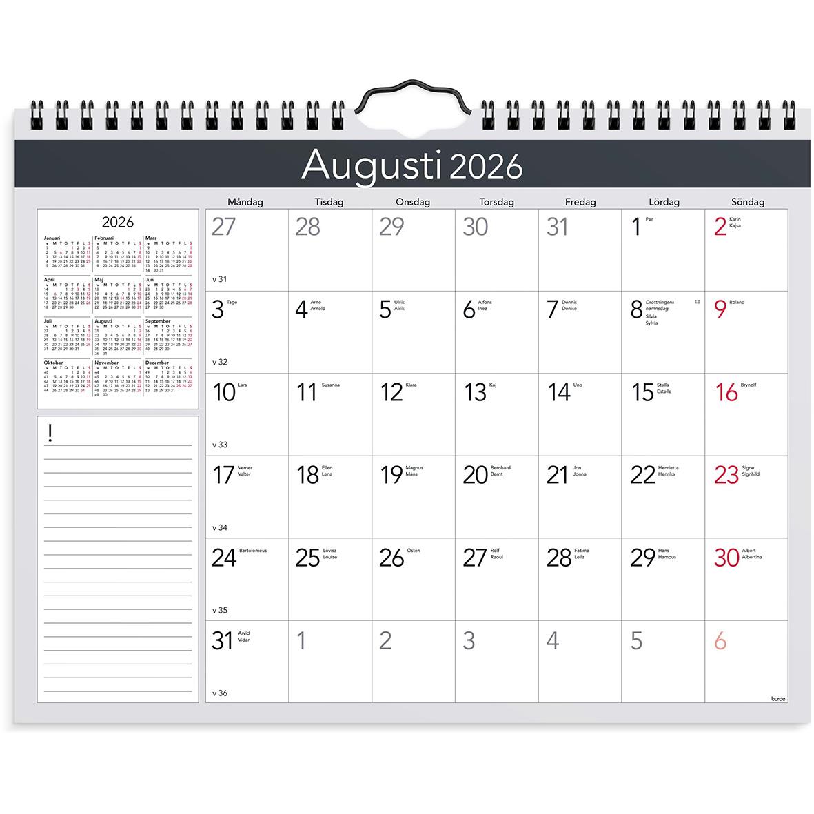 Väggkalender för augusti 2026 med månadsöversikt och små kalendrar för hela året