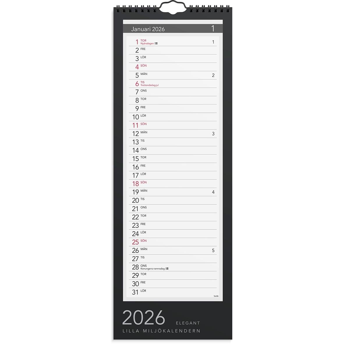 Väggkalender för januari 2026 med datum och dagar, elegant design, svart bakgrund, liten kalender för 2026