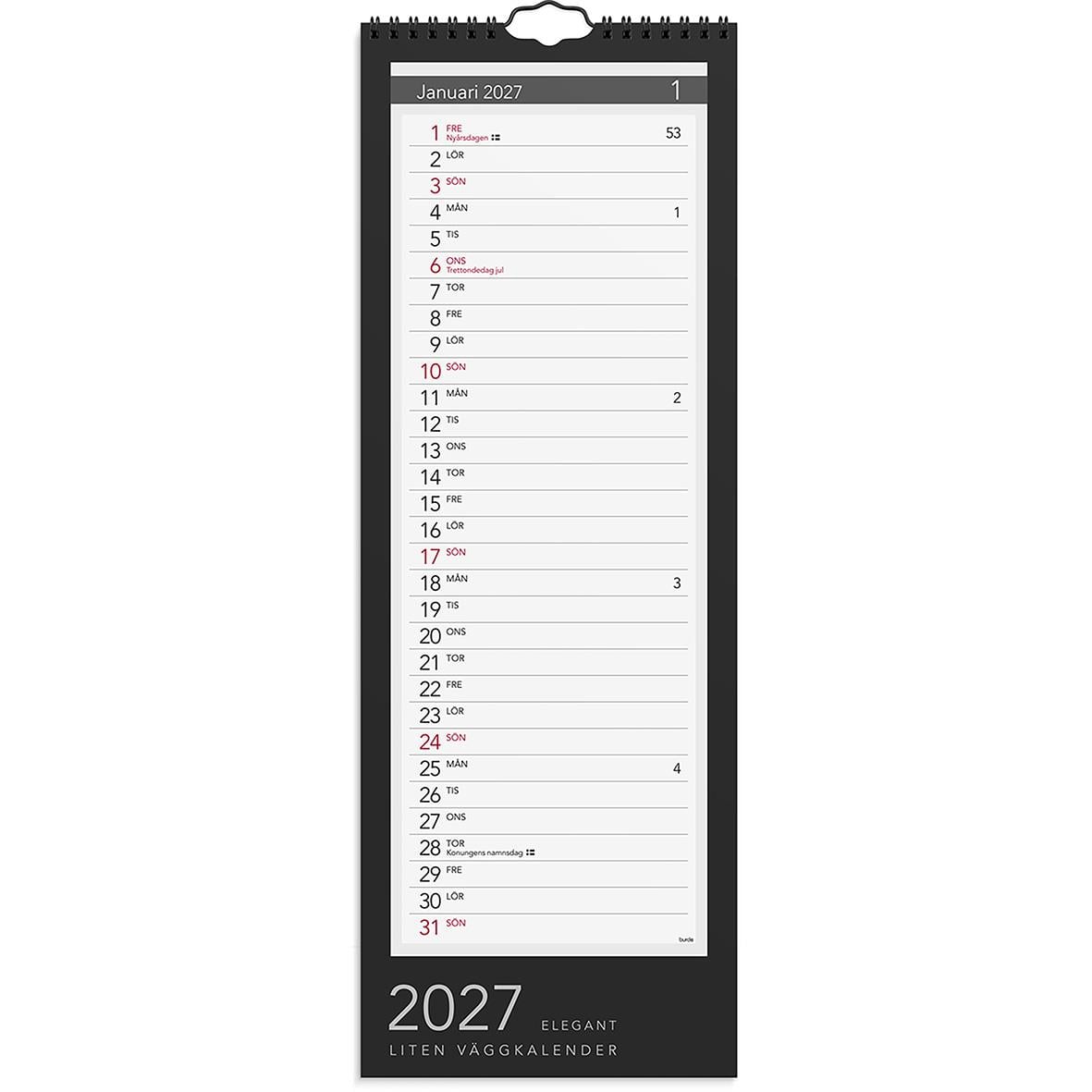 Väggkalender för januari 2026 med datum och dagar, elegant design, svart bakgrund, liten kalender för 2026