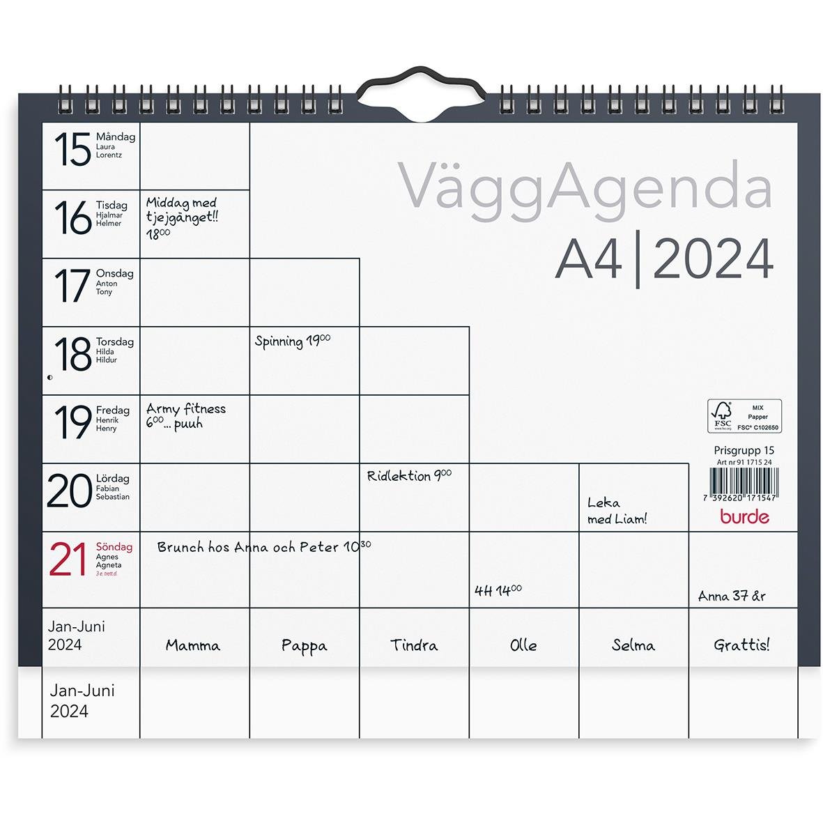 Väggkalender Burde 1715 Väggagenda 2024 A4
