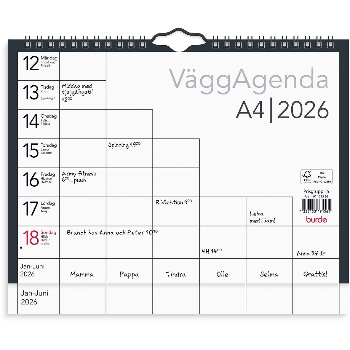 Väggkalender Burde 1715 Väggagenda 2026 A4 med veckoplanering för hela året