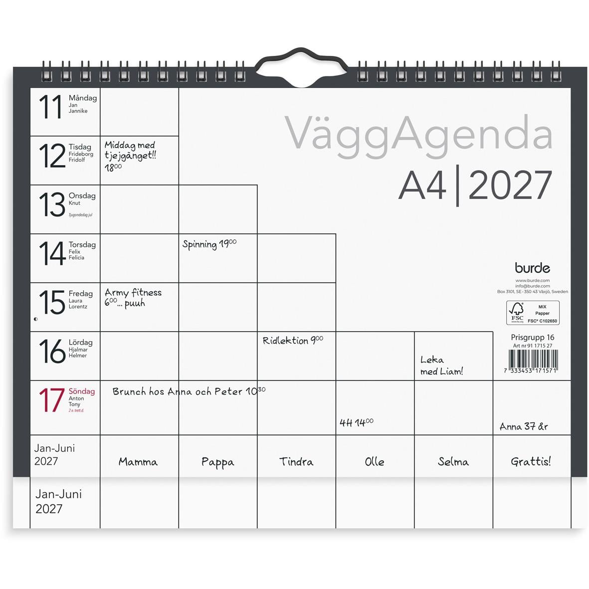 Väggkalender Burde 1715 Väggagenda 2026 A4 med veckoplanering för hela året