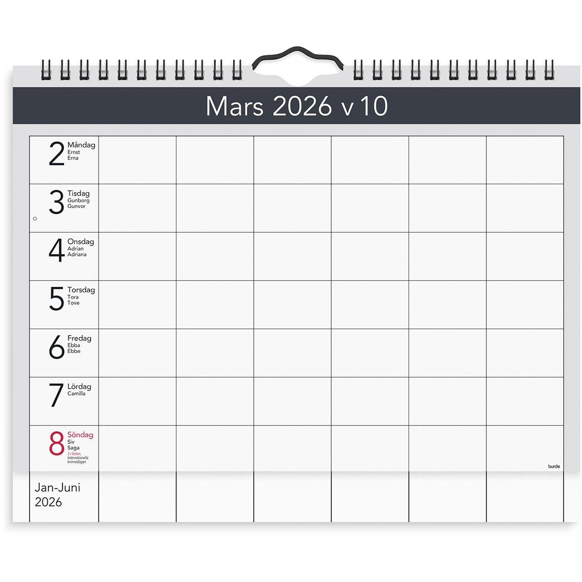 Väggkalender för mars 2026 med veckonummer och plats för anteckningar, A4-format, spiralbindning