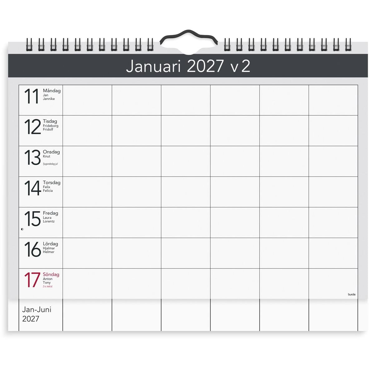 Väggkalender för mars 2026 med veckonummer och plats för anteckningar, A4-format, spiralbindning