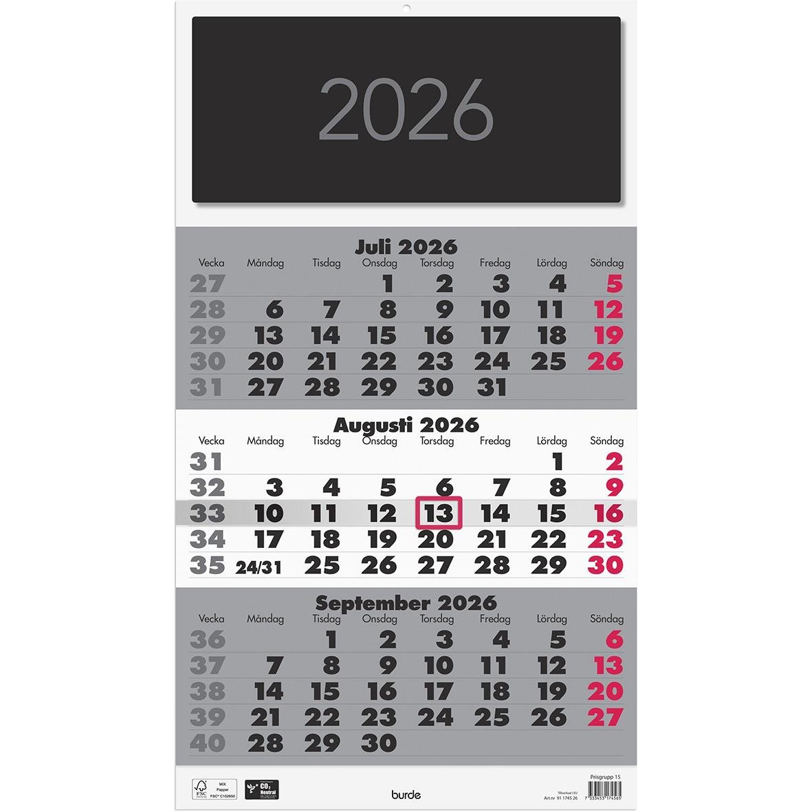 Väggkalender för juli till september 2026 med triplaner och elegant design