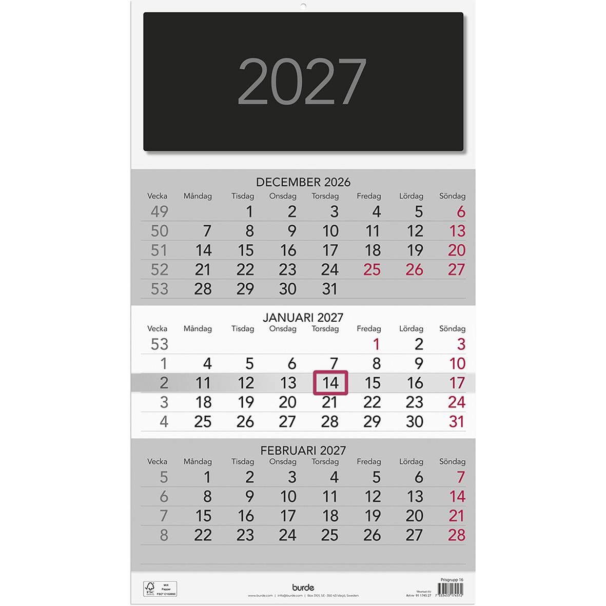 Väggkalender för juli till september 2026 med triplaner och elegant design