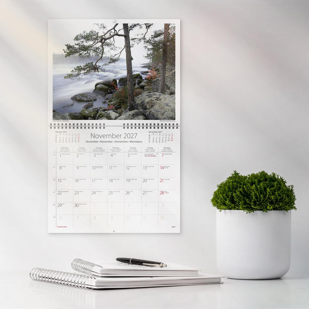 Väggkalender för 2026 med bild av en skog med tallträd och grön mark