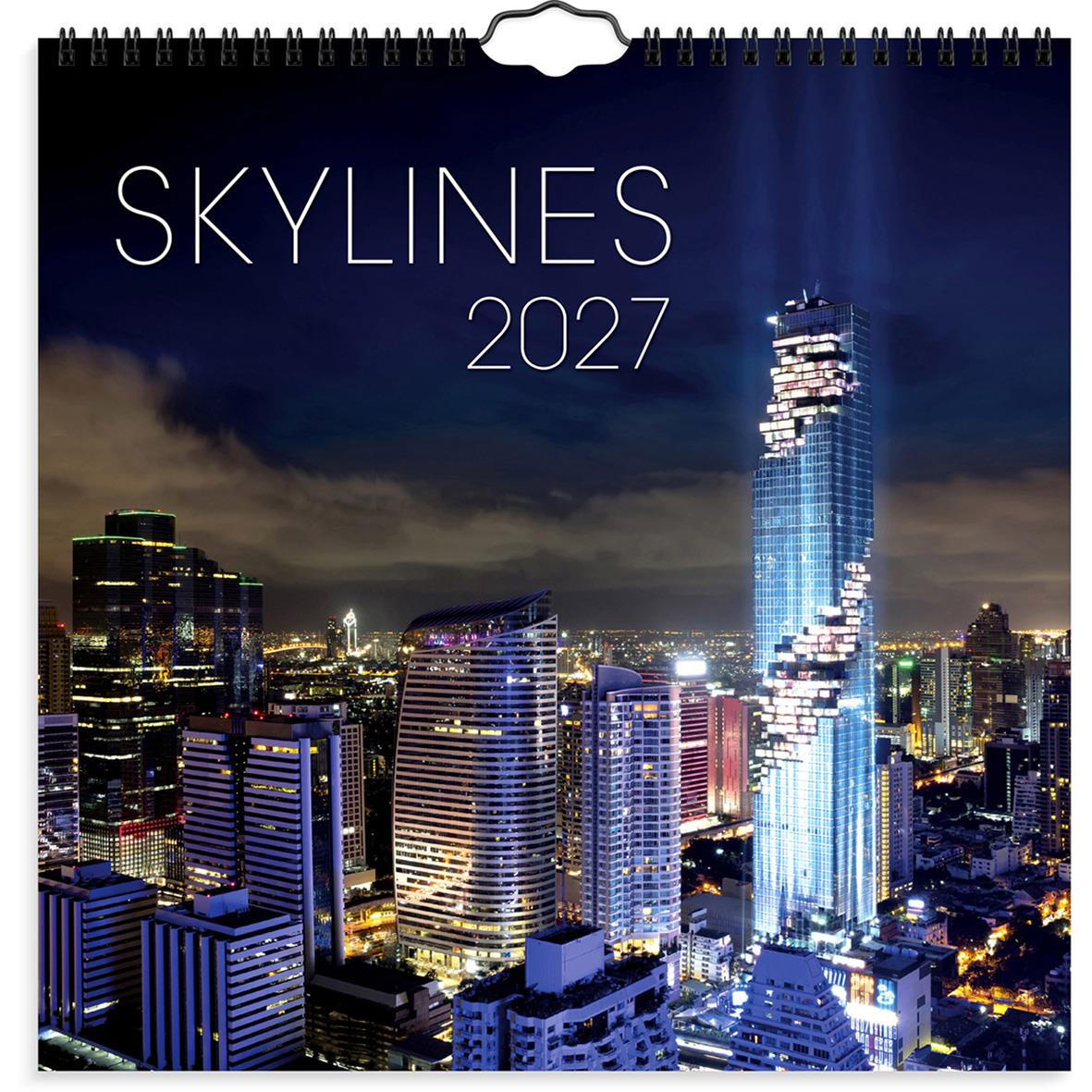 Väggkalender med stadssilhuetter av skyskrapor i Dubai för 2026