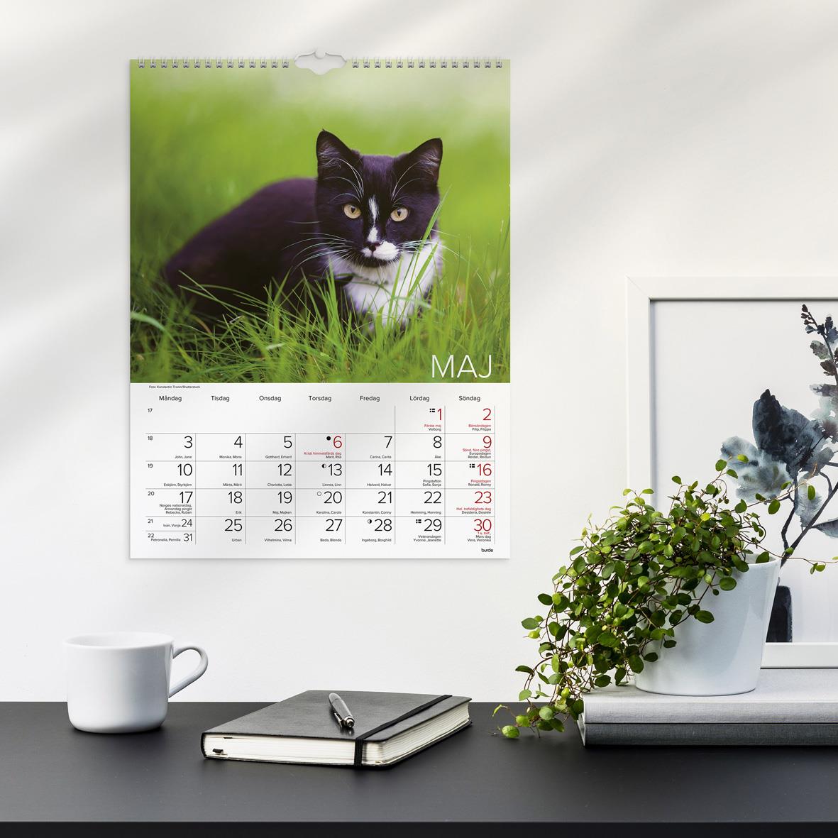 Väggkalender med bild av en katt bland blommor för april 2026