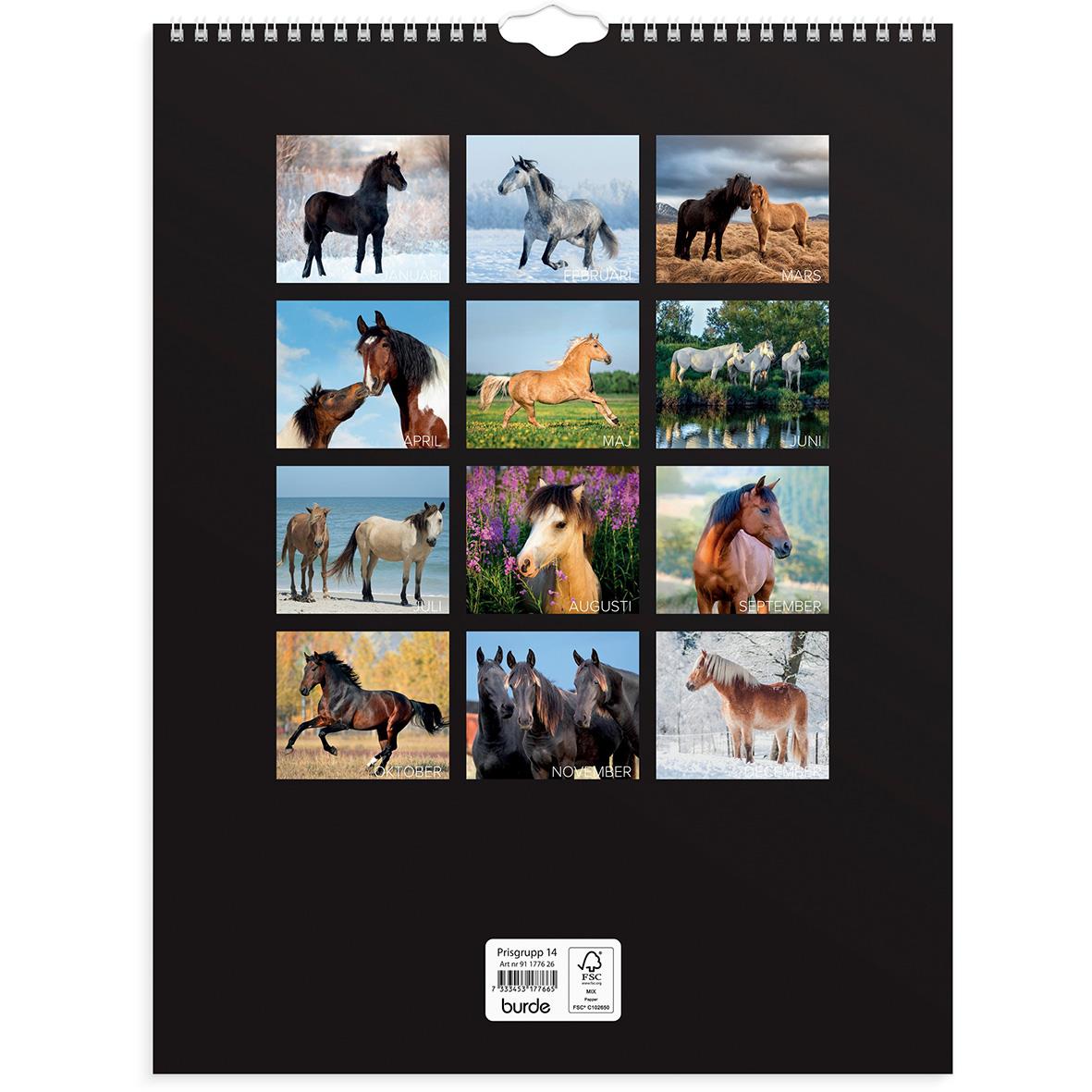 Väggkalender med bilder av hästar för 2026