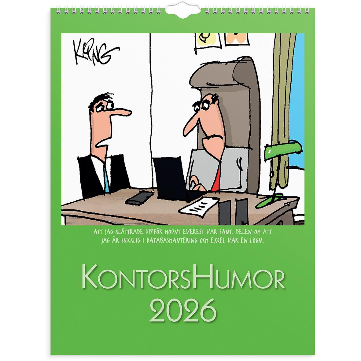Karikatyr av två kontorsarbetare, en med stor näsa, i ett kontorslandskap med grönt omslag för Väggkalender Burde 1707 Kontorshumor 2026