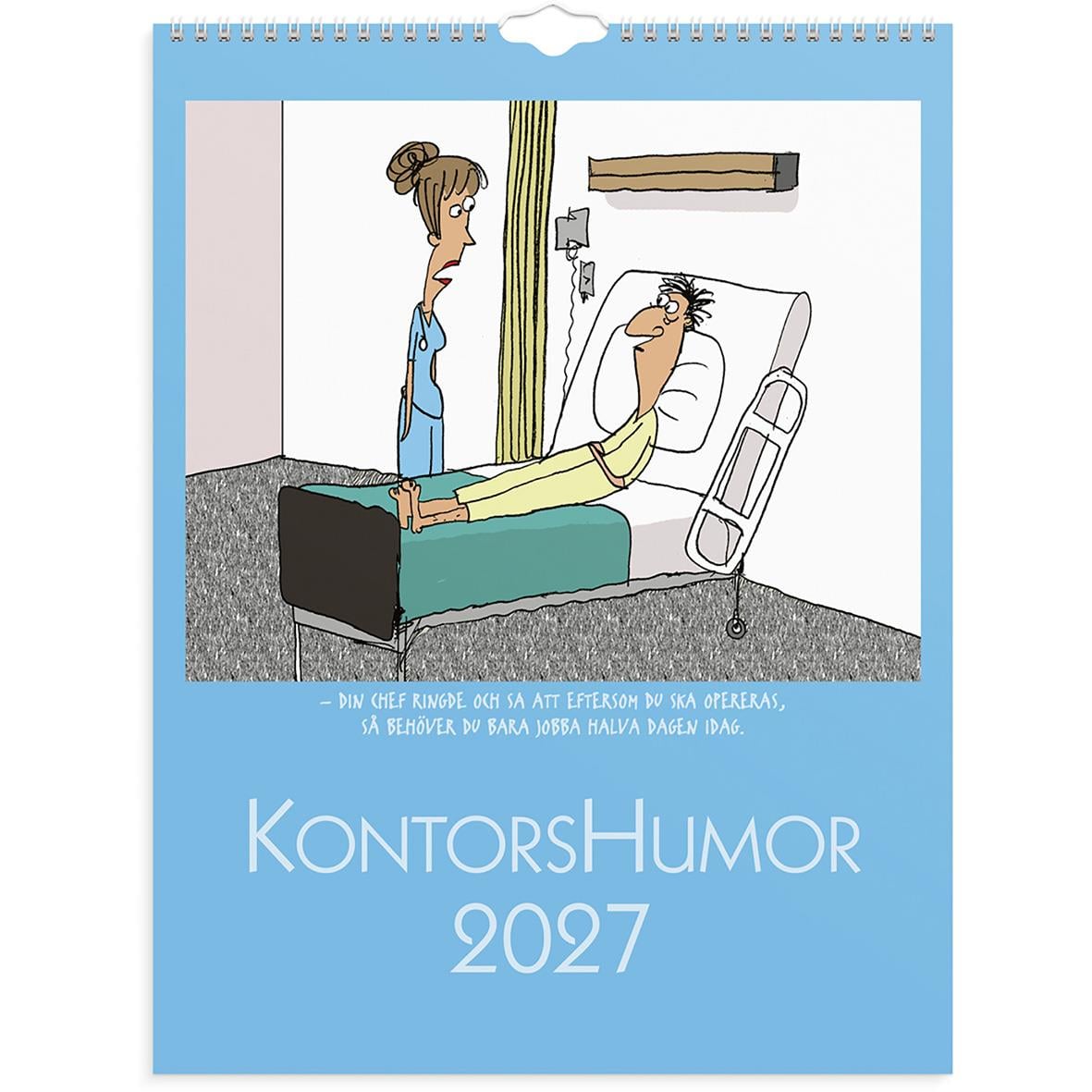 Karikatyr av två kontorsarbetare, en med stor näsa, i ett kontorslandskap med grönt omslag för Väggkalender Burde 1707 Kontorshumor 2026