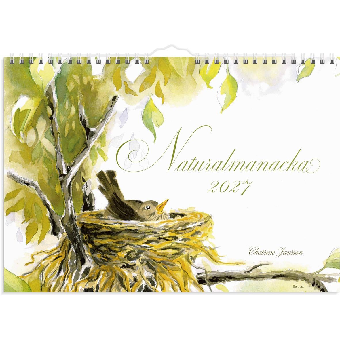 Väggkalender för 2026 med naturmotiv och älg, björn och träd på framsidan