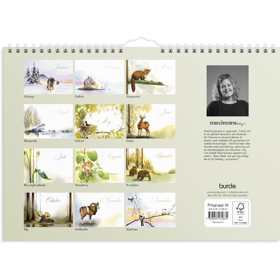 Väggkalender Burde 1728 Naturalmanacka 2027 med naturbilder och porträtt