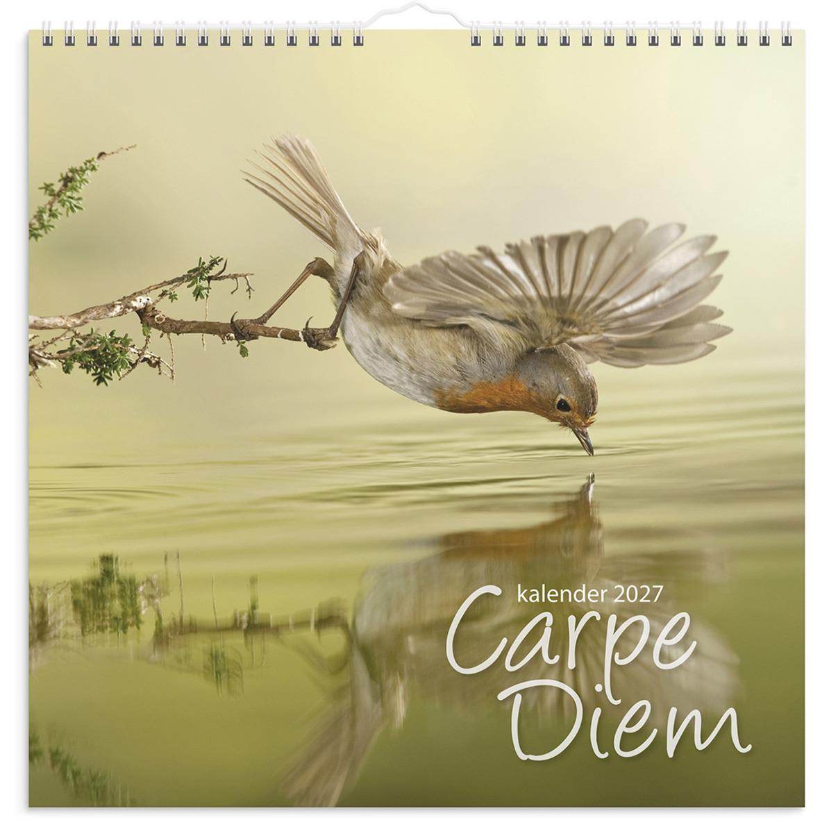 Väggkalender med havsutsikt, blommor och solnedgång, text Carpe Diem 2026