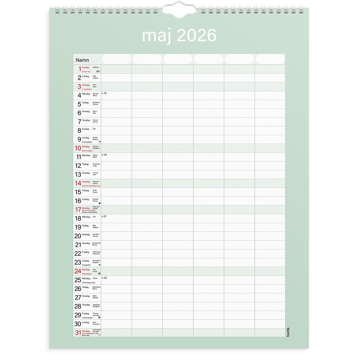 Väggkalender för maj 2026 med plats för namn och noteringar, praktisk familjekalender