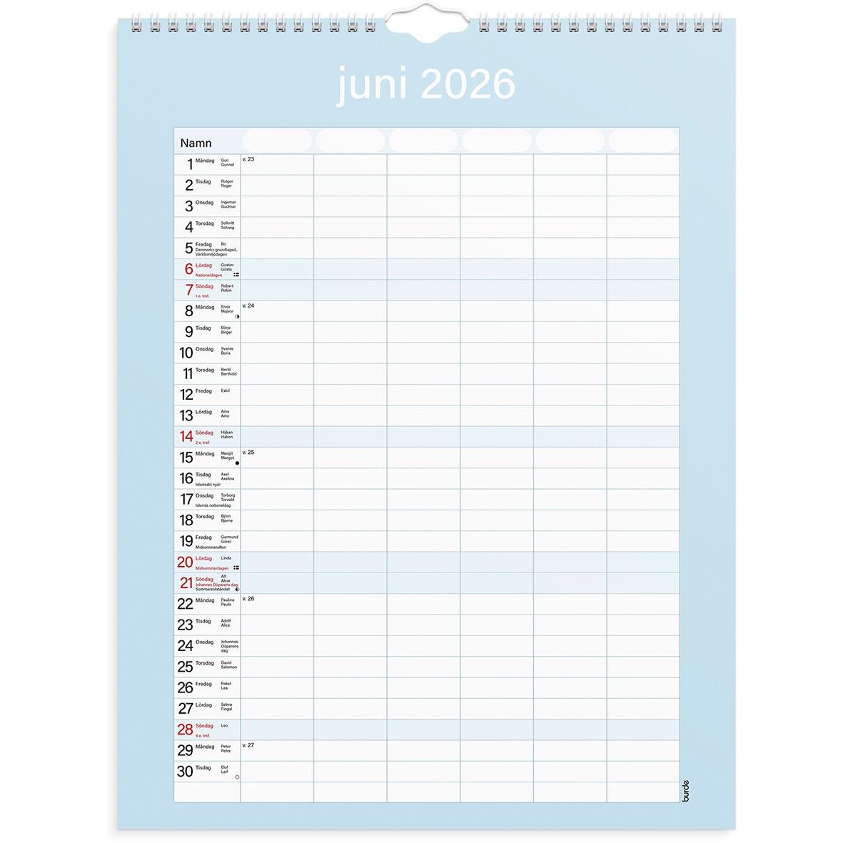 Väggkalender för juni 2026 med plats för namn och dagbok, praktisk familjekalender