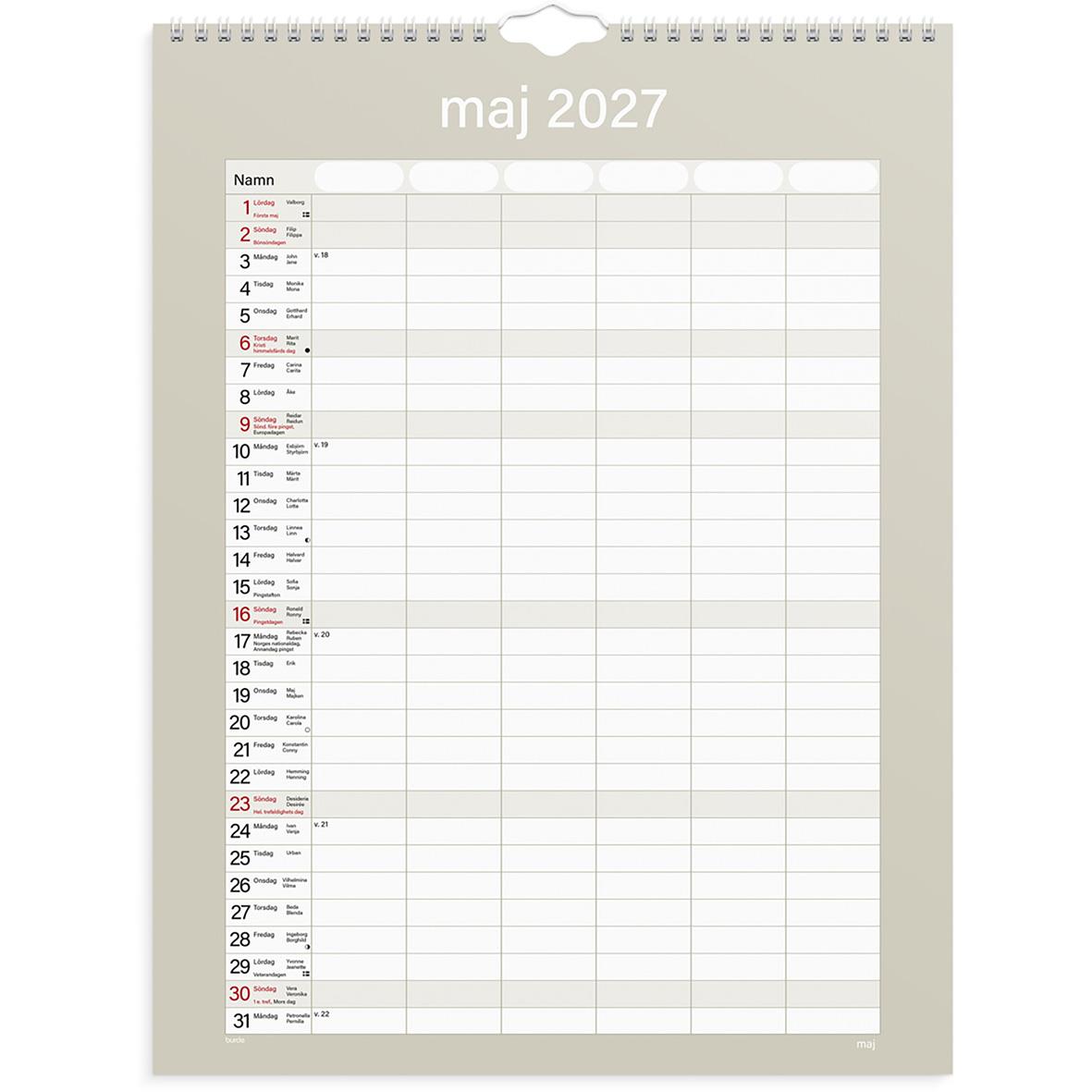 Väggkalender för juni 2026 med plats för namn och dagbok, praktisk familjekalender