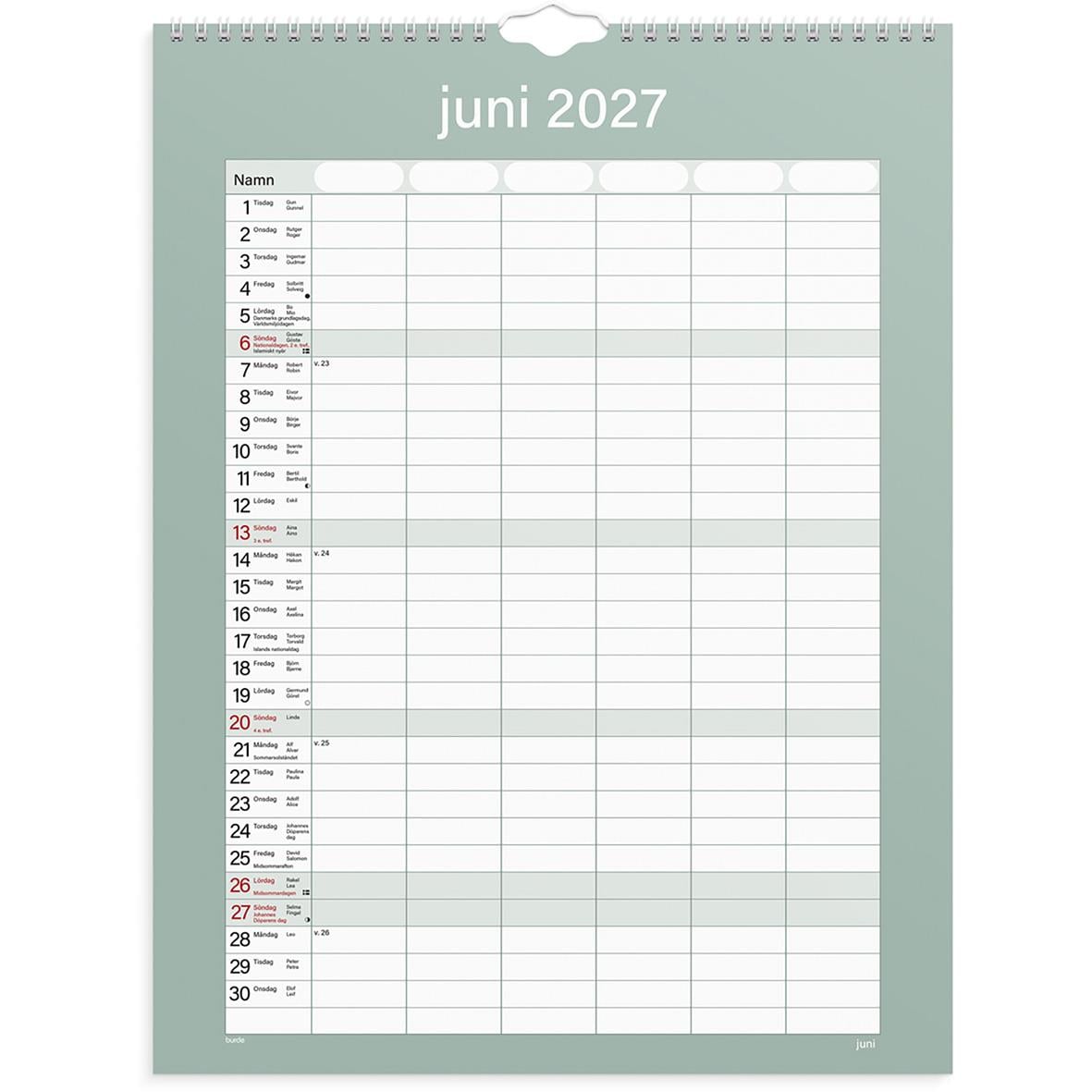 Väggkalender för juli 2026 med plats för namn och noteringar, praktisk familjekalender