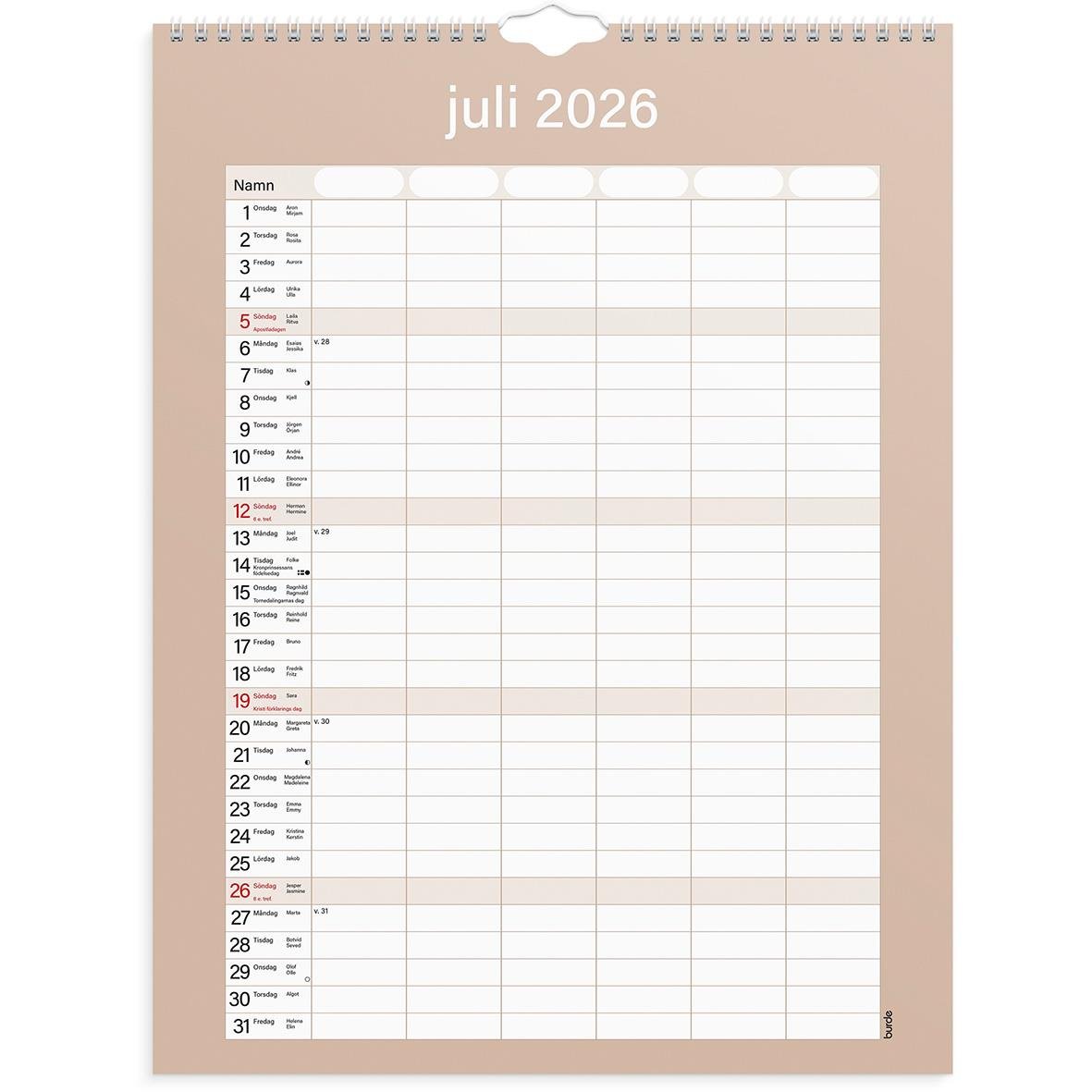 Väggkalender för juli 2026 med plats för namn och noteringar, praktisk familjekalender