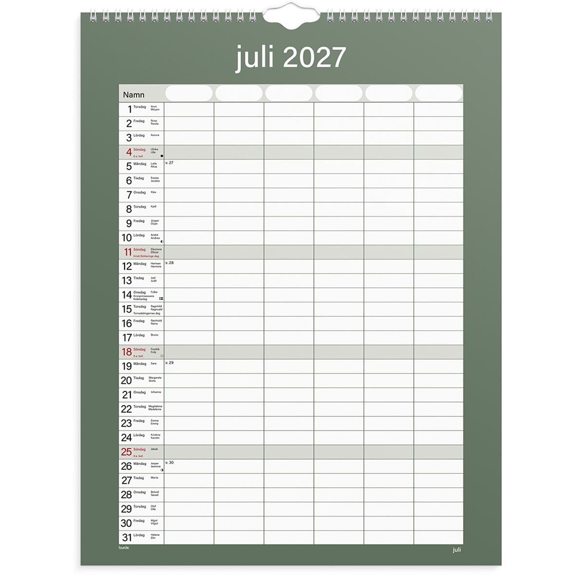 Väggkalender för augusti 2026 med plats för anteckningar och familjeplanering