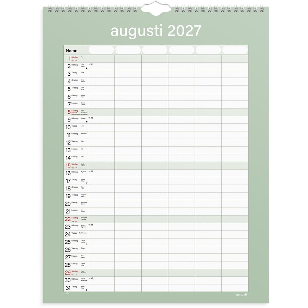 Väggkalender Burde 1759 Familjekalender för 2026 med praktiska månadsblad