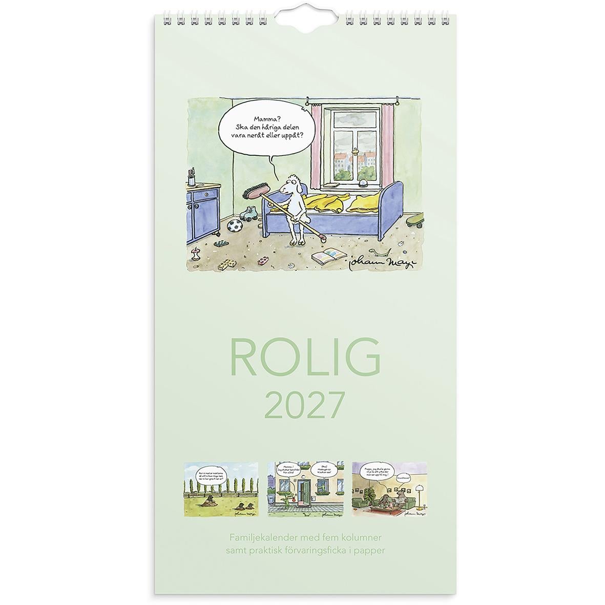 Väggkalender för familjen 2026 med roliga illustrationer av ett badrum och andra scener, praktisk och humoristisk familjekalender för året