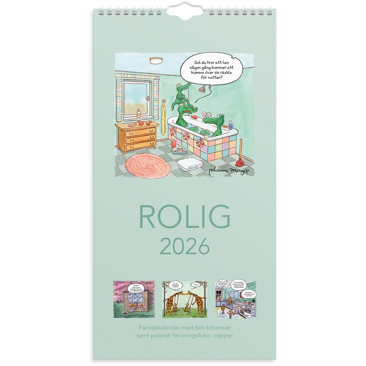Väggkalender för familjen 2026 med roliga illustrationer av ett badrum och andra scener, praktisk och humoristisk familjekalender för året