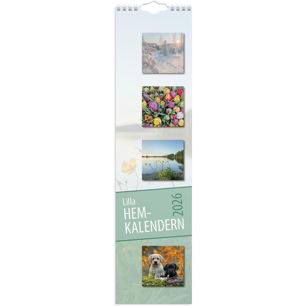 Väggkalender Burde 1711 Lilla Hemkalendern 2026 med bilder av snölandskap, blommor, sjö och hundar