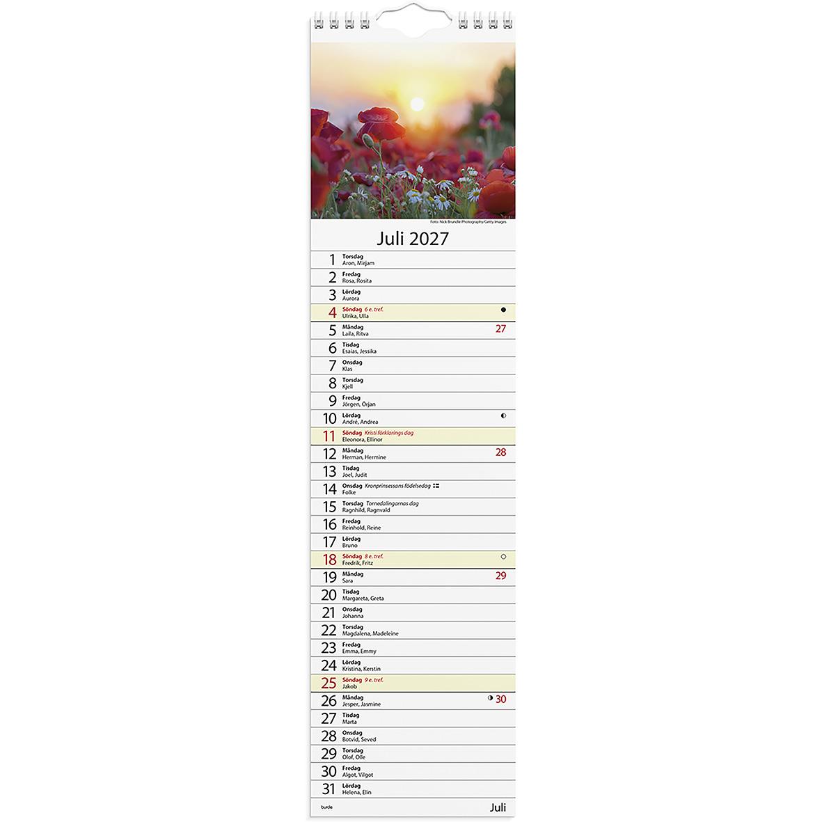Väggkalender för augusti 2026 med blomsterbild och datum för hela månaden