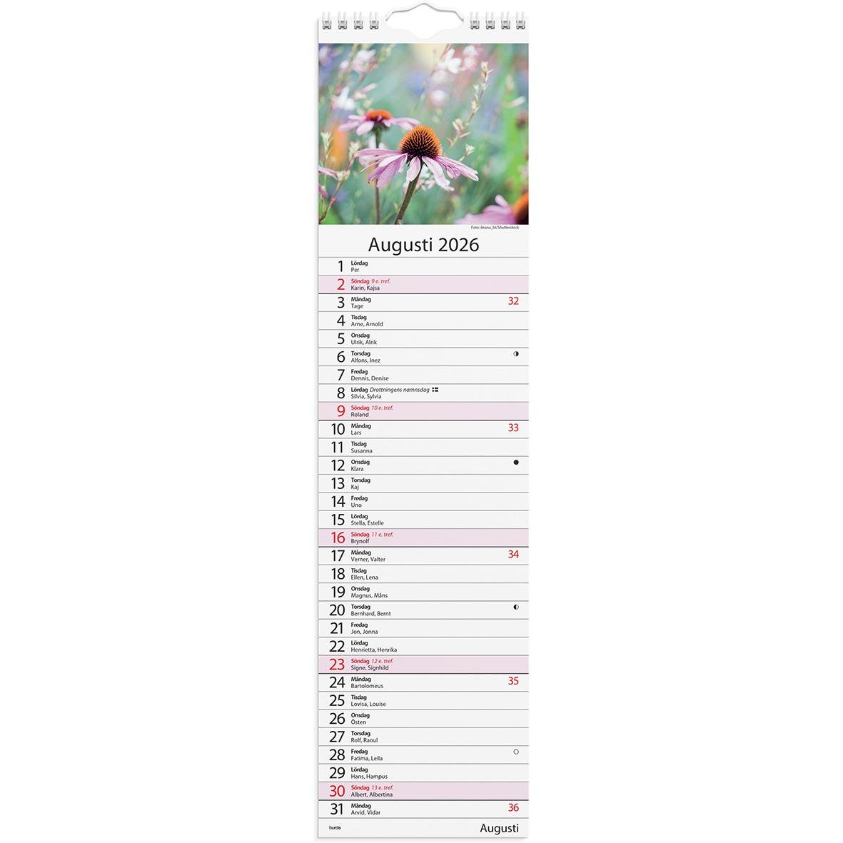 Väggkalender för augusti 2026 med blomsterbild och datum för hela månaden