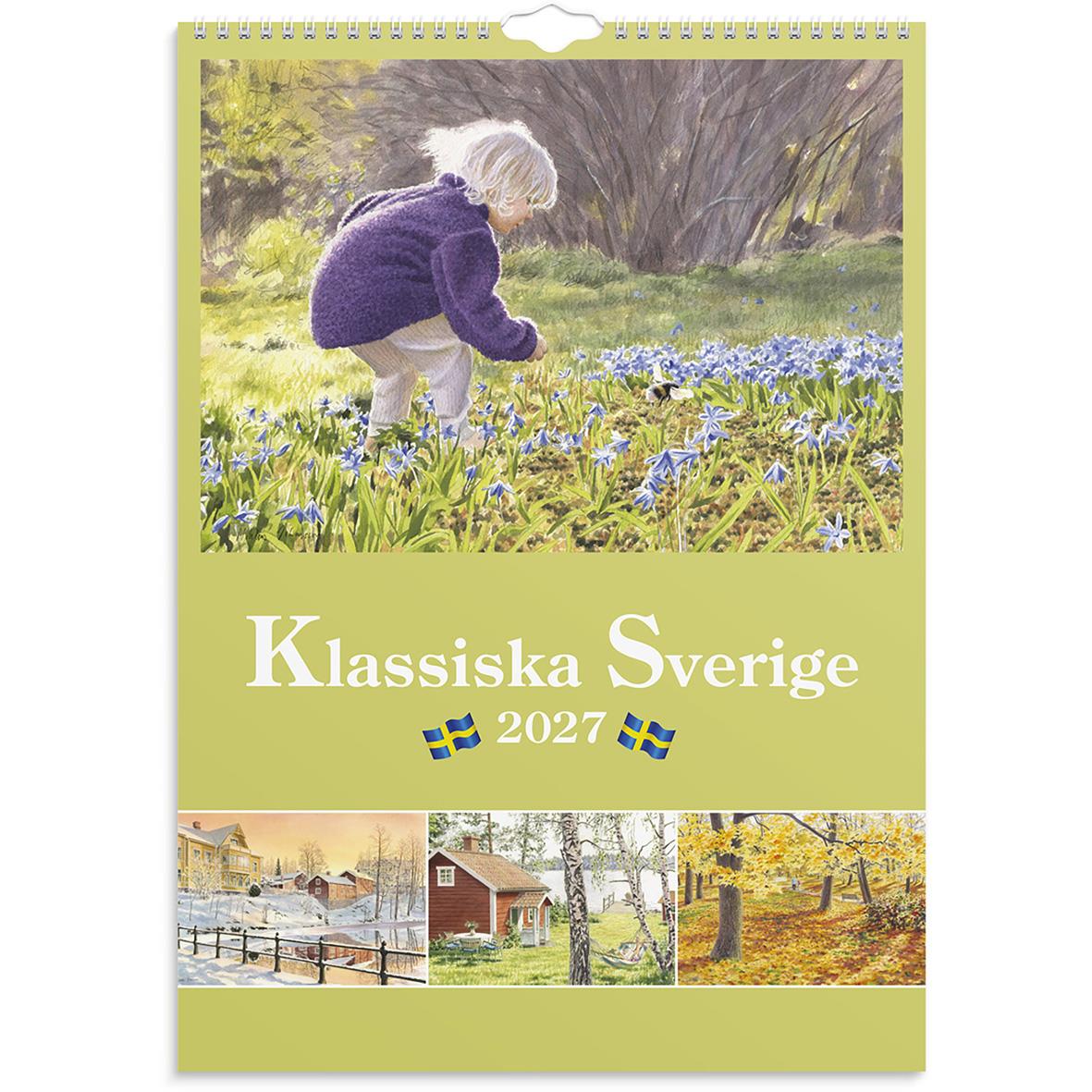 Väggkalender med klassiska Sverige 2026, bild av en park vid sjö med människor som solar och leker