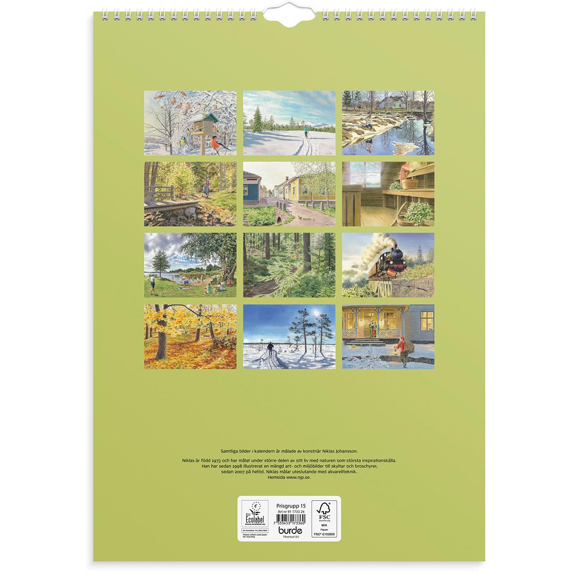 Väggkalender Burde 1733 Klassiska Sverige 2026 med bilder av svenska landskap och natur.