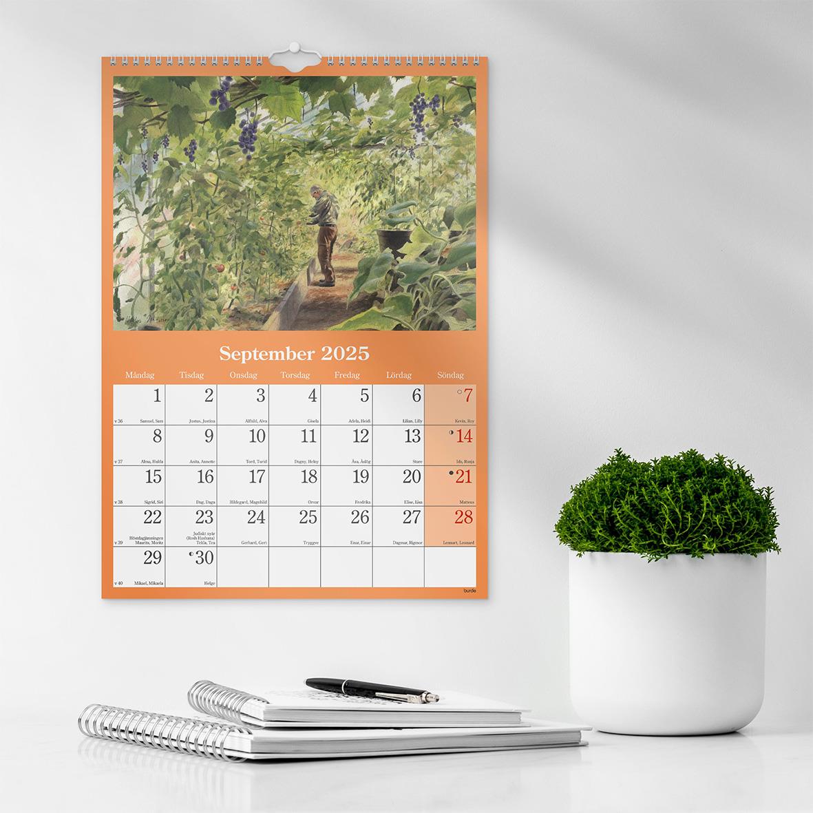Väggkalender Burde 1733 Klassiska Sverige 2026 för september 2025 med bild av en trädgård och en liten staty