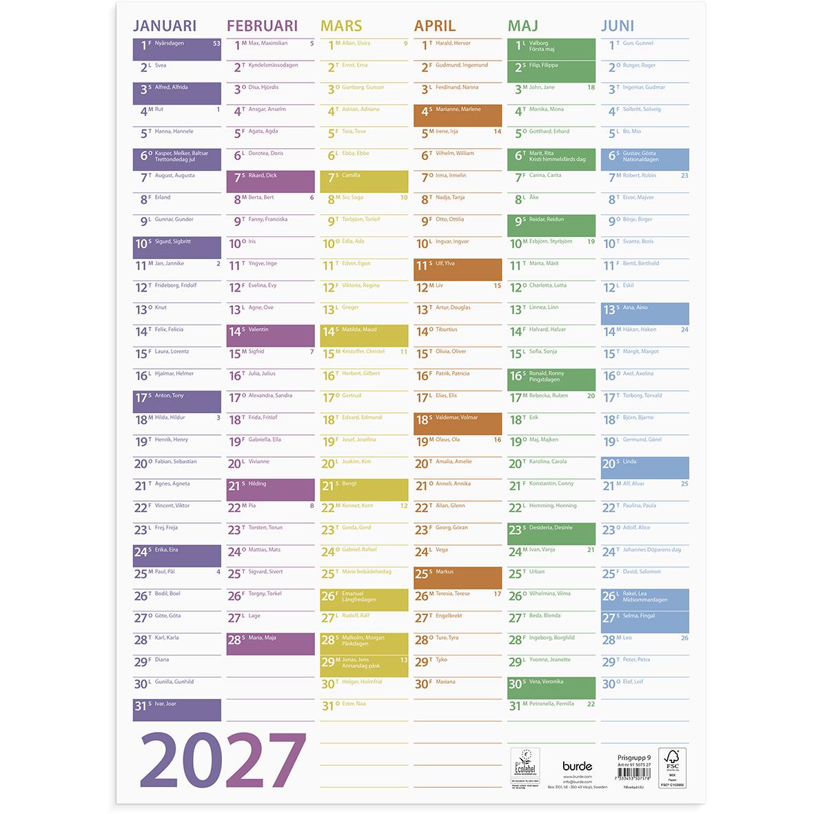 Väggkalender för 2026 med månadsöversikter och trendfärger för varje månad