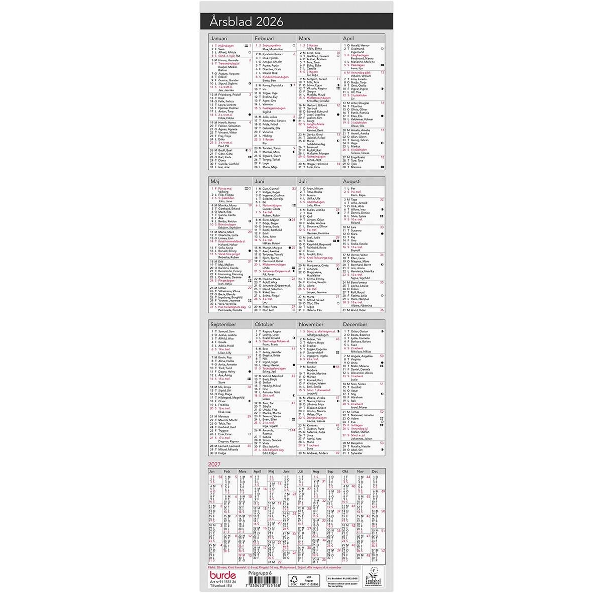 Årsblad för 2026 med kalender och listor i en elegant almanacka