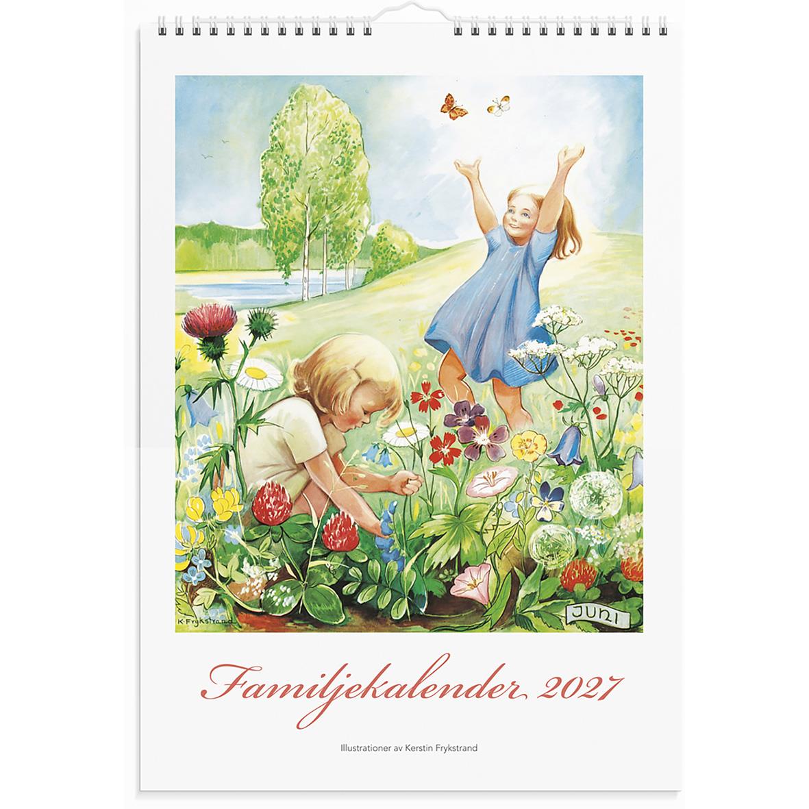 Väggkalender med illustration av barn i blomsteräng och blå himmel, titel Familjekalender 2026