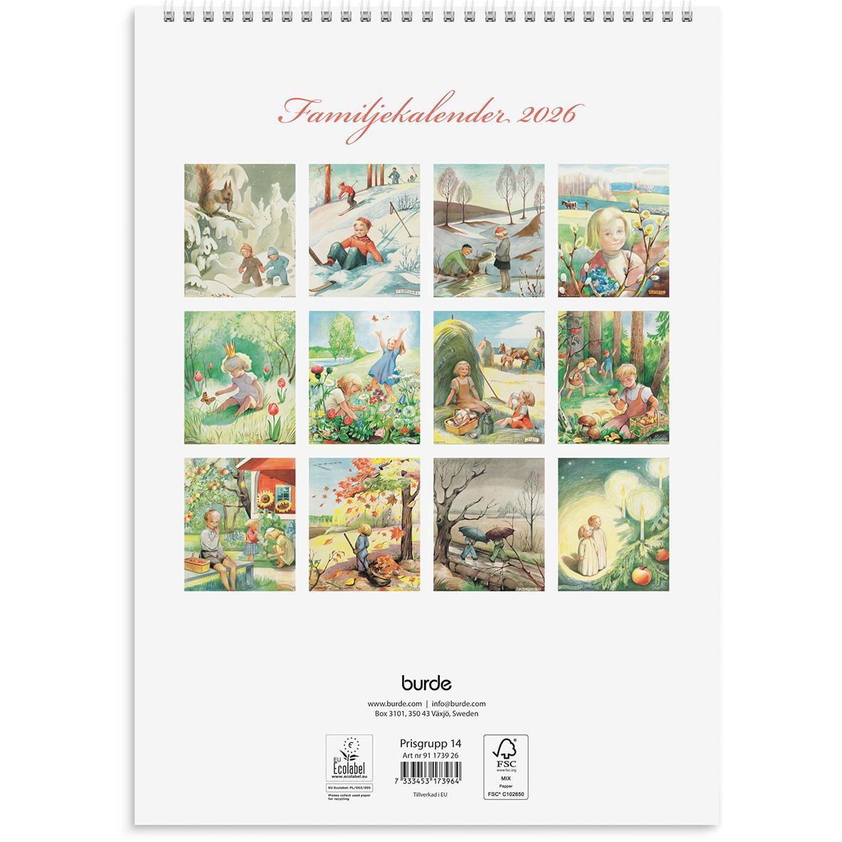 Väggkalender för familjen 2026 med illustrationer av barn och natur, designad av Kerstin Frykstrand