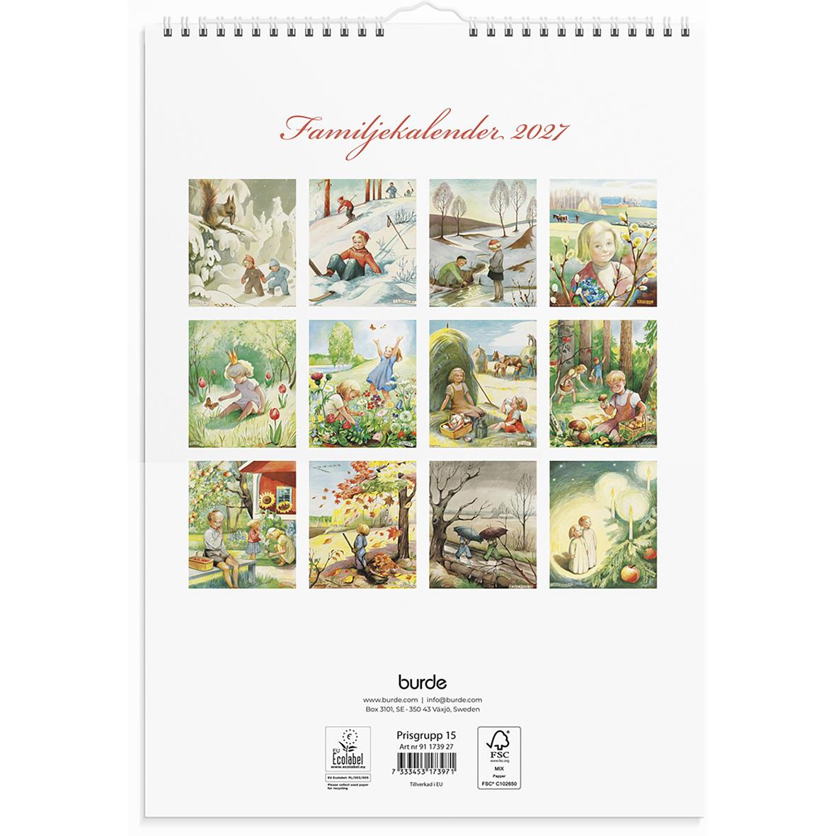 Väggkalender för familjen 2027 med illustrationer av natur, barn och djur