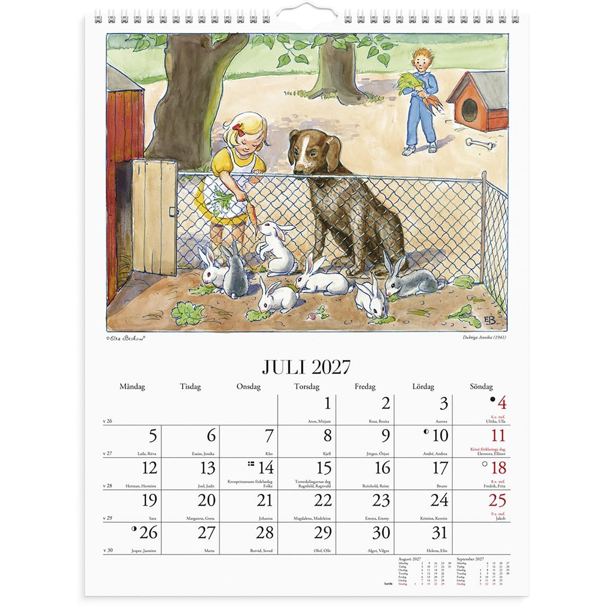 Väggkalender med Elsa Beskows illustrationer för året 2026, visar olika scener från natur och vardagsliv.